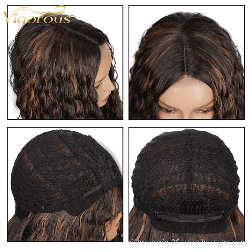 High Quality Hot Sale Cheap Nature Lace Front Highlights Brown Long Fiber Wig Extension Kinky Curly Wavy Synthetic Hair Wigs